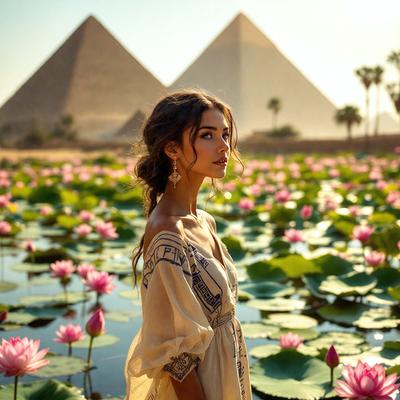 The primary subject of the image is a woman standing in a field of flowers, surrounded by a beautiful and serene environment. The setting includes a pond and a lush green field, creating a picturesque and peaceful atmosphere. The visual style of the image is a combination of photo and digital art, with the woman's outfit and the flowers being digitally enhanced. The colors in the image are predominantly pink and green, which contribute to the overall mood of the scene, evoking feelings of happiness and tran